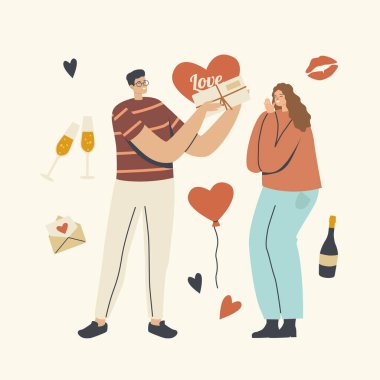 Erkek Arkadaş Kız Arkadaşa Hediye Veriyor. Mutlu Erkek Karakteri Kadına Çıkma Hediyesini Hazırla ya da Sevgililer Günü