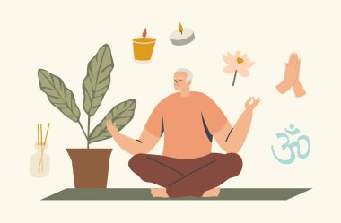 Yaşlı adam Lotus Pozu 'nda Yoga Asana yaparken meditasyon yapıyor. Sağlıklı Yaşam Tarzı, Rahatlama Duygusal Denge, Yaşlılık Sağlığı