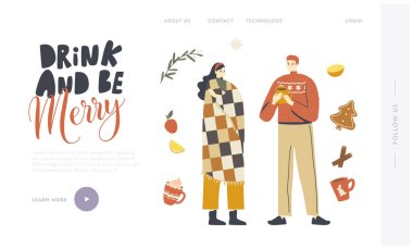 Sıcak Giysiler İçinde Genç Karakterler Kış İçkilerinin Tadını Çıkartıyor. İniş Sayfası Şablonu. İnsanlar evlerinde sıcak içecekler içiyor.