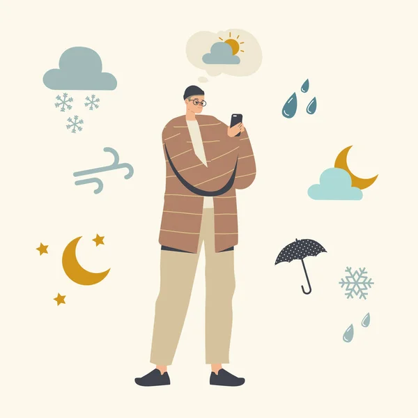 Karakter figyelés Időjárás előrejelzés mobilalkalmazásban. A férfi használ okostelefon alkalmazás látszó Meteorológiai jelentés — Stock Vector