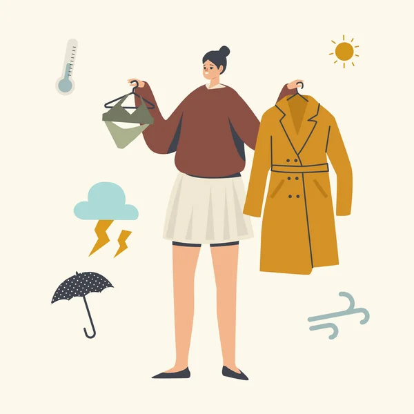 女性角色选择步行服装。持比基尼和保暖衣的妇女与天气预报相混淆 — 图库矢量图片