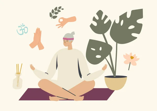 Oudere vrouw Mediteren in Lotus Pose, Yoga klasse, Gezonde Lifestyle, Ontspanning Emotionele Evenwicht, Verouderde Karakter Harmonie — Stockvector