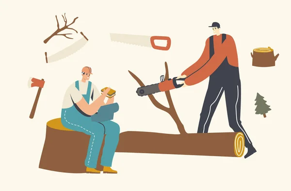 Zwei Männer fällen Bäume und essen Mittagessen. Charakter Sägen von Baumstämmen im Wald. Arbeiter in der Holzindustrie mit Säge — Stockvektor