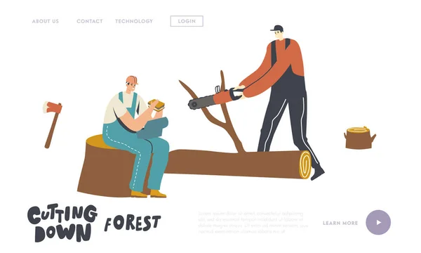 Registratori che tagliano alberi Landing Page Template. Tronchi per segare i personaggi nella foresta. Lavoratore del legno con sega Lavorare Deforestazione — Vettoriale Stock