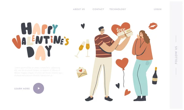 Valentine Celebration Landing Page Template. Freund schenkt Freundin Geschenk. Männercharakter bereitet Geschenk an Frau vor — Stockvektor