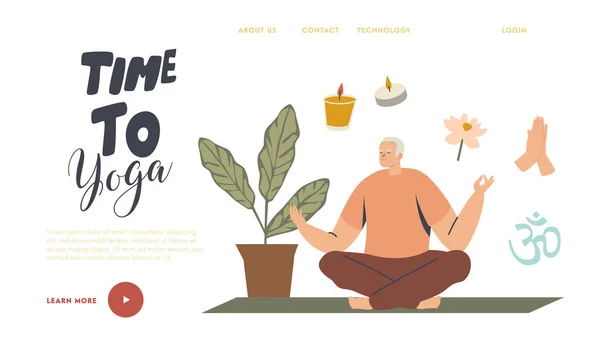 Hombre Senior Meditando, Yoga Asana en Lotus Pose Plantilla de Landing Page. Estilo de vida saludable, Relajación Equilibrio emocional — Vector de stock