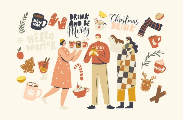 Άνδρες και γυναίκες χαρακτήρες απολαμβάνοντας πίνοντας χριστουγεννιάτικα ποτά, νέοι άνθρωποι σε ζεστά ρούχα και καρό Holding Cups — Διανυσματικό Αρχείο