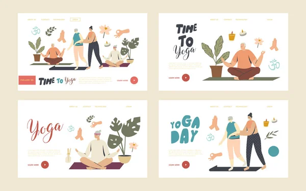 Yoga Lessen voor Senior Characters Landing Page Template Set. Vrouwelijke Trainer Hulp aan Oudere Vrouw. Welzijnsactiviteit — Stockvector