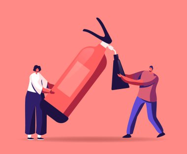 Yangın ve Elektrik Güvenliği Konsepti. Yanan Alevleri Önleme İçin Büyük Yangın Söndüren Minik Erkek ve Kadın Karakterler