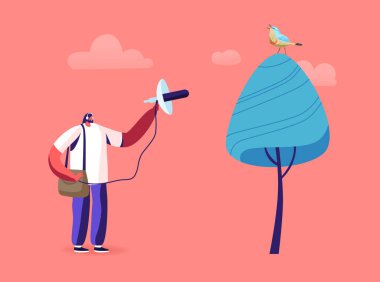 Kuşçuluk, Profesyonel Kuşbilim Konsepti. Kuşbilimci Erkek Karakteri Dinleyen Kuşlar İçin Özel Ekipman Kullanıyor