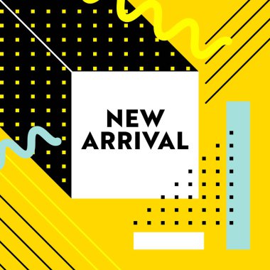 Sosyal Medya Pazarlama Reklamcılığı için Yeni Gelen Afişi. Sıcak Teklif, Hafta sonu Alışveriş veya İndirim. Geometrik Desen