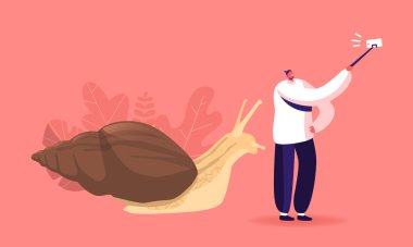 İnsanlar ve Gastropod yumuşakça hobi konsepti. Hayvanat Bahçesi Yaratığı. Minik Erkek Karakteri Dev Achatina 'yla Selfie Çekiyor