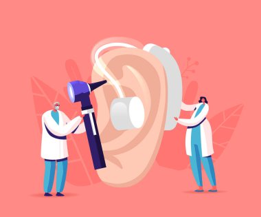 Büyük Hasta Kulağı 'na Sağır Yardım Eden Küçük Erkek Doktorlar. İşitme Kaybı Sağlık Sorunu, Otolaryngology