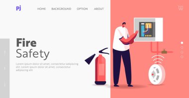 Yangın, Enerji ve Elektrik Güvenliği İniş Şablonu. Elektrikçi Karakteri Çalışan Taslak veya Ölçüm Voltajı