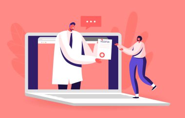 Uzaktan Online Tıp Danışmanlığı, Akıllı Tıbbi Teknoloji. Doktor Karakteri Laptop 'taki Hastaya Reçete Verin