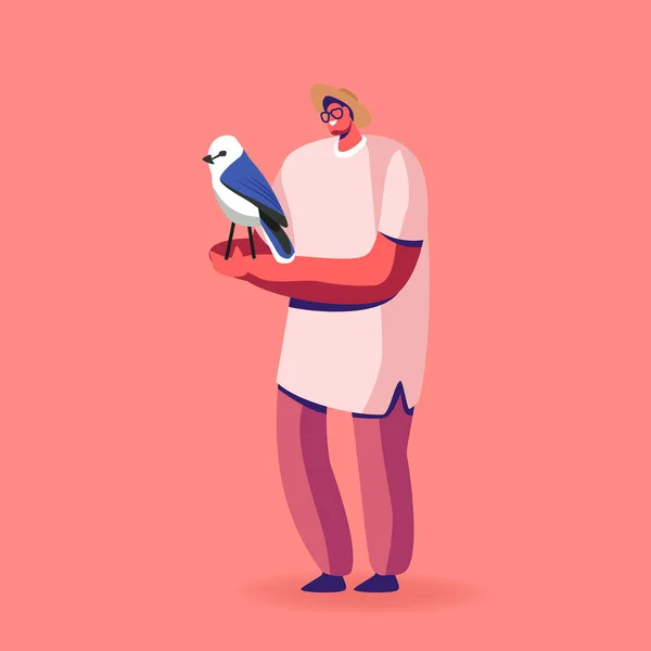 Masculin personaj Bird Owner sau Birdwatcher cu Pet Sit on Hand. Omul eliberează pasărea în zbor, ornitolog — Vector de stoc