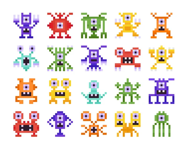 Set Pixel Monsters, Retro Design for Computer Eight Bit Arcade Games Isolated on White Background. Collection of Aliens — Stock Vector