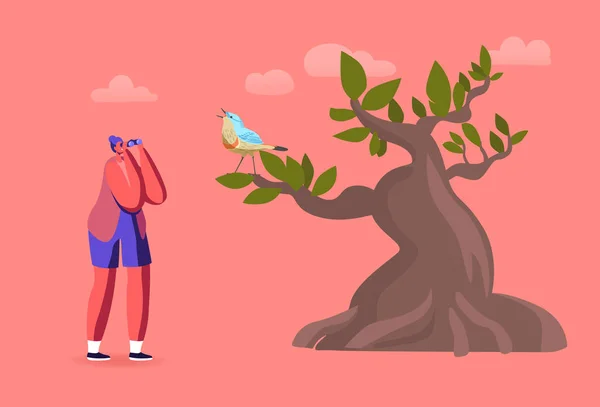 Ornitologista feminina com binóculos assistindo pássaro na árvore, Passatempo de observação de aves, Atividade ao ar livre, Explorar a natureza. —  Vetores de Stock