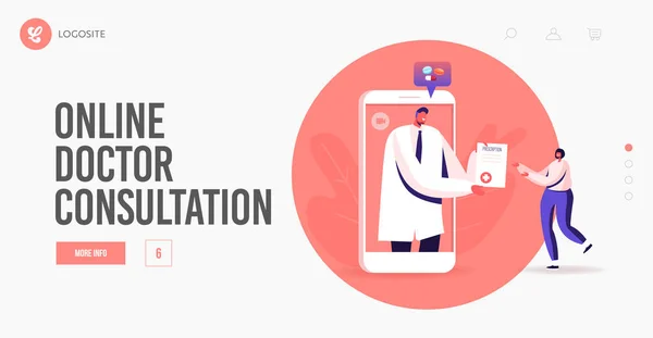 Online Medicine Medical Smart Technology Landing Page Template Doctor Character Give Prescription to Patient from Mobile — Stockový vektor