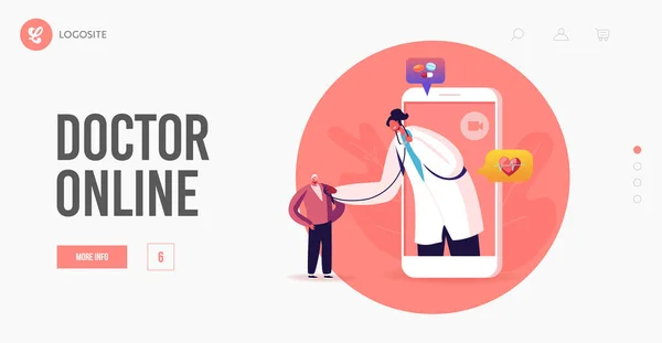 Çevrimiçi Sağlık Hizmetleri İniş Şablonu. Smartphone Screen 'deki Doktor Karakteri Hasta Kalp Atışı — Stok Vektör