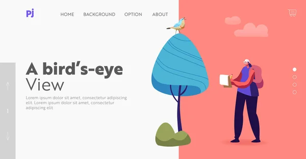 Ornitologo Osservando Bird Landing Page Template. Note di scrittura personaggio femminile durante il birdwatching, birdwatching — Vettoriale Stock