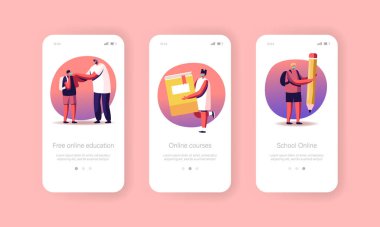 Çevrimiçi Eğitim, Okula Dönüş Mobil Uygulama Sayfası Ekran Şablonu. Büyük Öğrenim Malzemeleri ile Küçük Gözbebekleri