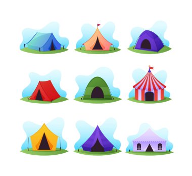 Çizgi film Kamp ve Sirk Çadırları, Renkli Kamp Kubbeleri, Gösteri Evleri, Açık Hava Eğlencesi ve Yürüyüş Maceraları