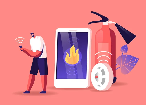 Man Karakter Ontvang meldingen van Smart Control System op Electronic Device Smartphone over brand ongeval gebeuren — Stockvector