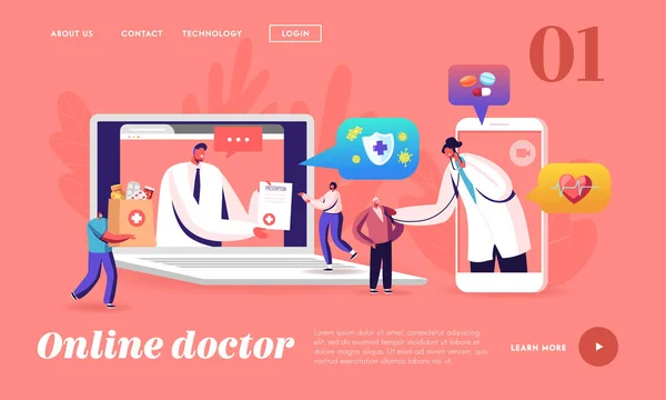 Uzak Online Tıp, Akıllı Tıbbi Teknolojiler İniş Sayfası Şablonu. Doktor Karakterleri Kalp atışlarını Dinleyin — Stok Vektör