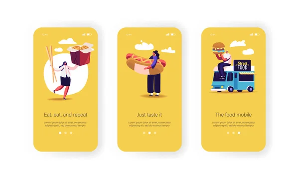 Gente comiendo comidas chatarra de Food Truck Mobile App Page Plantilla de pantalla a bordo. Gente pequeña con hamburguesa enorme, perro caliente — Archivo Imágenes Vectoriales