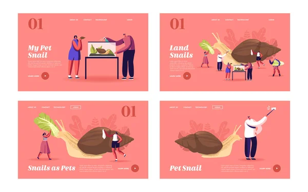 People and Mollusk Pet Hobby, Fauna Creature Landing Page Template Set. Personnages minuscules Soins de l'escargot énorme Achatina — Image vectorielle