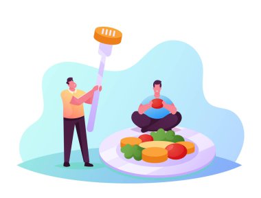Dev Tabak Buharlı Sebze Yiyen Küçük Erkek Karakterler. Sağlıklı beslenme, vejetaryen yaşam tarzı. Erkekler Brokoli yer.
