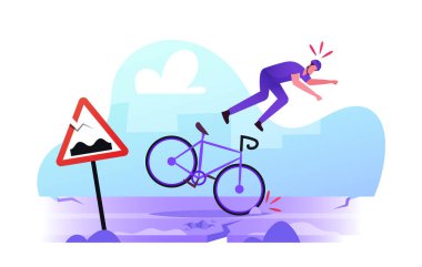 Bisikletçi Erkek Tökezleme ve Düşme Kırık Yol Kenarı Bisikletli Yol Kenarı 'ndan Çatlak Asfalt ile. Otobanda Tehlikeli Durum