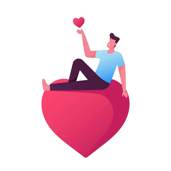 Férfi karakter a Love Dreaming-ben, férfi a kezében és ül a szíven. Boldog Szerelem, Valentin-nap, Randi, Románc — Stock Vector