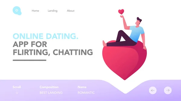 Loving Romantic Relations Landing Page Template. Personnage masculin dans l'amour tenant dans les mains et assis sur le cœur. Amoureux — Image vectorielle