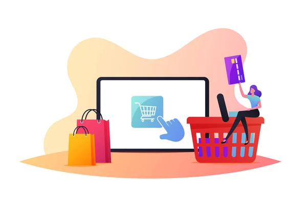 Compras en línea, compra en un solo clic, concepto de pago inalámbrico. Pequeña cliente femenina con tarjeta de crédito de compra de bienes — Vector de stock