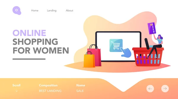 Compras online, Compra em um clique, Modelo de página de destino de pagamento sem fio. Caráter de cliente feminino minúsculo Comprar Bens — Vetor de Stock