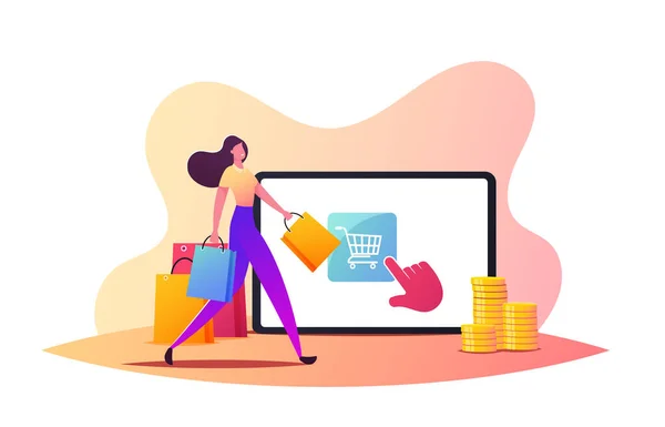 Compra em um clique, conceito de compras on-line. Caráter de cliente fêmea minúscula andando com sacos perto de tela enorme Tablet — Vetor de Stock