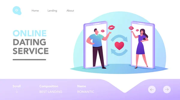 Man en vrouw daten Online Landing Page Template. Personages op Enorme Smartphone Screens Stuur Air Kisses naar elkaar — Stockvector