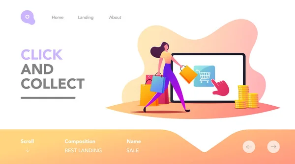 Compra en un solo clic, Plantilla de Landing Page de compras en línea. Pequeño personaje femenino del cliente caminando con el bolso en la tableta — Vector de stock