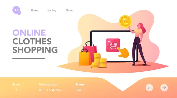 Kleine vrouwelijke karakter te maken Aankoop in een klik in Internet Store Landing Page Template. Online winkelen met gadget — Stockvector