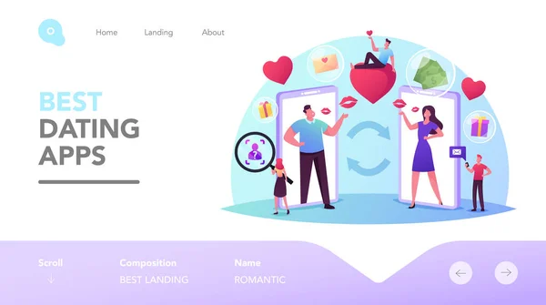 Vrouw en man op zoek liefde partner op Dating Web Site Landing Page Template. Virtuele relaties, Chatten Online — Stockvector