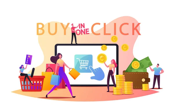 Online Alışveriş Bir Tıklama Satın Alma Konsepti. Dev Gadget Ekran Ürünleri Kredi Kartıyla Küçük Müşteri Karakterleri — Stok Vektör