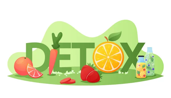 Detox Diyet Konsepti. Sağlıklı Beslenme, Yemek Programı Meyveleri, Meyveler ve Sebzeler, Organik Portakal, Havuç — Stok Vektör