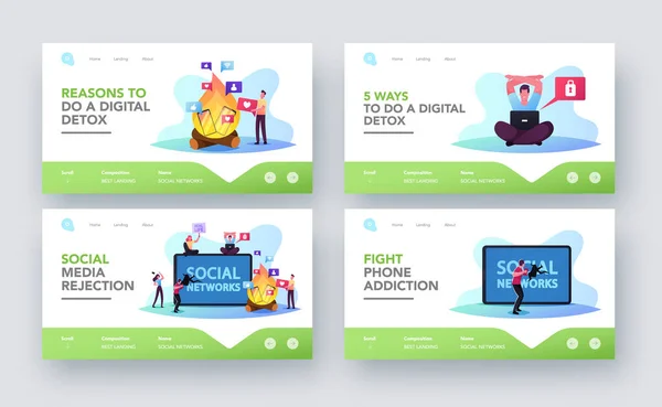 Personajes Rechazo de Gadget Landing Page Template Set. Internet y Redes Sociales Digital Deto. La gente rechaza el teléfono — Vector de stock