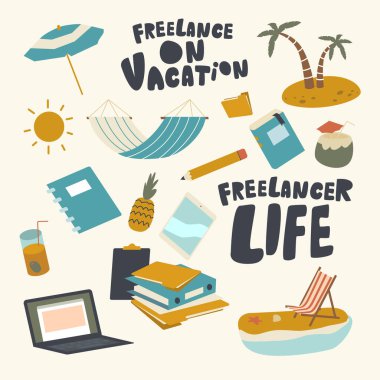 Tatil Teması Üzerine Serbest Simge Dizisi. Hamak, Laptop, Doküman Dizinleri ve Şemsiye, Güneş ve Palmiyeli Ananas