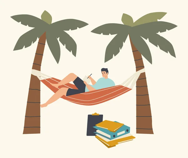 Beau homme d'affaires en été Porter Allongé sur hamac sous les palmiers sur la plage tropicale exotique Travailler avec des documents — Image vectorielle