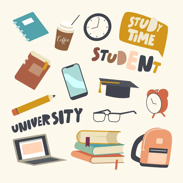 Set van Pictogrammen Universiteit Studenten Thema. Studeren en leren Supplies Lesboeken, Rugzak, Academische Cap en Smartphone — Stockvector