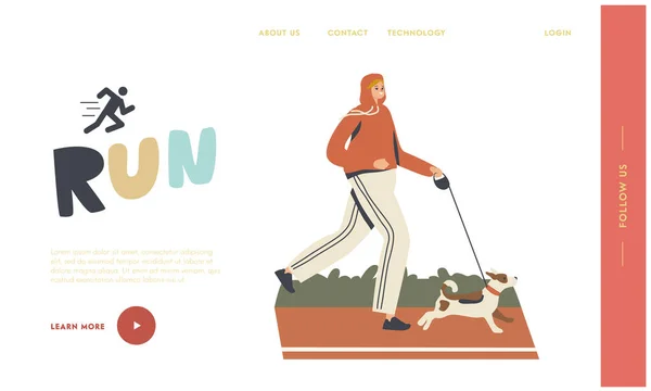 Personaje Femenino Correr, Estilo de Vida Deportivo, Ejercicio Matutino Plantilla de Página de Aterrizaje. Mujer en desgaste deportivo Corre con perro — Archivo Imágenes Vectoriales