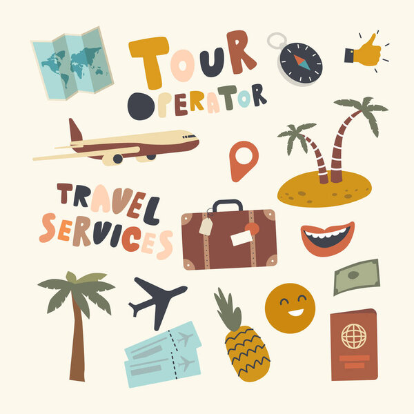 Set of Icons Tour Operator Theme. Luggage, Suitcase, Airplane and Palm Trees, Pineapple, Foreign Passport and Wold Map